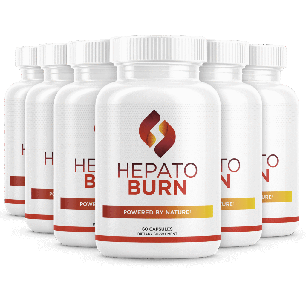 HepatoBurn Review: A row of white bottles labeled "HEPATO BURN" with a red and orange logo and the text "POWERED BY NATURE". Each bottle contains 60 capsules of a dietary supplement.