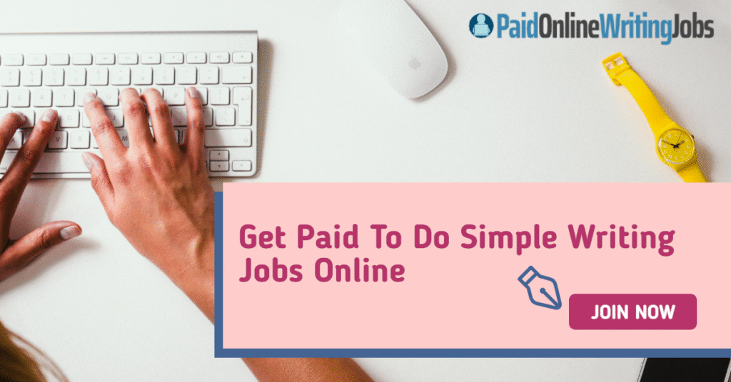 Paid Online Writing Jobs Review: The image shows a workstation, hands on a laptop alluding to remote work.