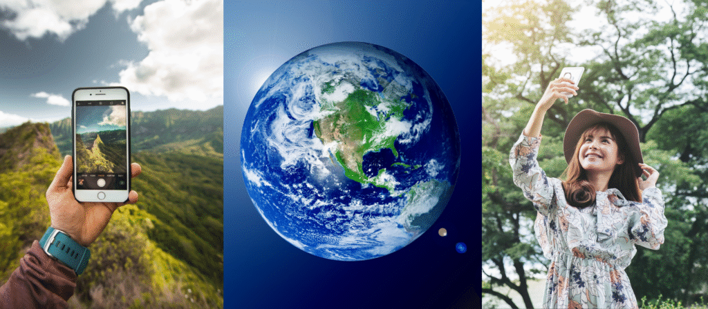 photojobz review: A person is capturing a stunning aerial view of mountains. The central focus features a breathtaking close-up of Earth from space. Finally, a woman, adorned with a floral dress and a stylish hat, takes a selfie in the midst of a forest.