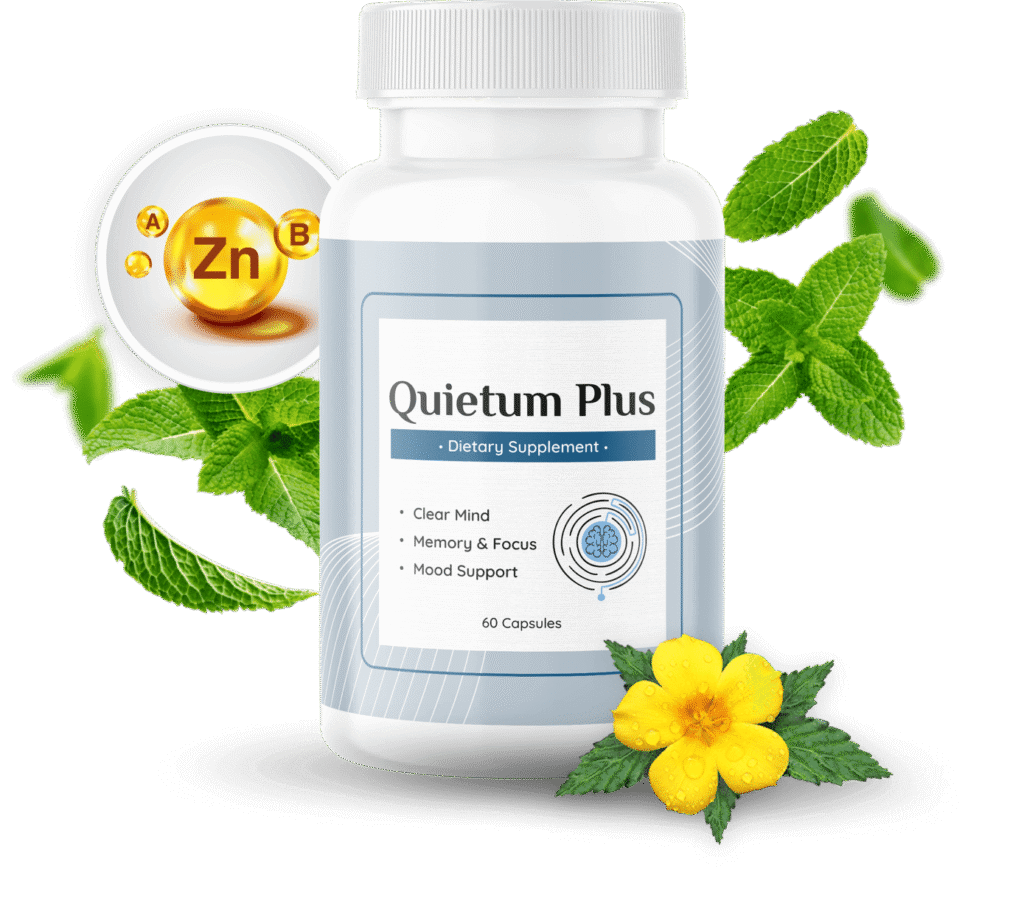 Quietum Plus Review: A bottle of Quietum Plus dietary supplement, prominently displayed against a clean white background. The label also indicates that it contains 60 capsules.